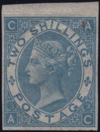 138295 1867 2S BLUE PLATE THREE 'ABNORMAL' IMPRIMATUR (SG118)(AC).