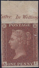138342 1855 DIE 2 1D PL.1 IMPERFORATE TOP MARGINAL IMPRIMATUR LETTERED AI.