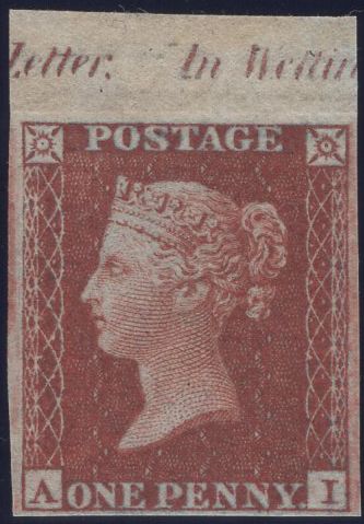 138343 1855 DIE 2 1D PL.2 IMPERFORATE TOP MARGINAL IMPRIMATUR LETTERED AI.