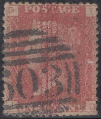 138351 1858 1D PL.95 (SG43) 'O.U.S' OVERPRINT READING UPWARDS VARIETY OVERPRINT DOUBLED (SPEC PP223a), GOOD TO FINE USED.