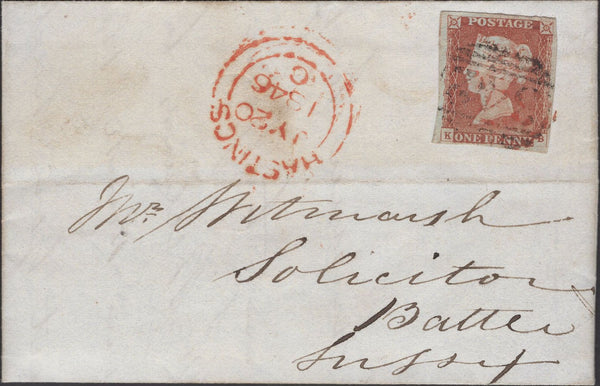 138382 1846 MAIL HASTINGS, SUSSEX TO BATTLE WITH 1D PL.60 (SG9) WITH MIXED RED AND BLACK INK '342' NUMERAL OF HASTINGS.