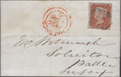 138382 1846 MAIL HASTINGS, SUSSEX TO BATTLE WITH 1D PL.60 (SG9) WITH MIXED RED AND BLACK INK '342' NUMERAL OF HASTINGS.