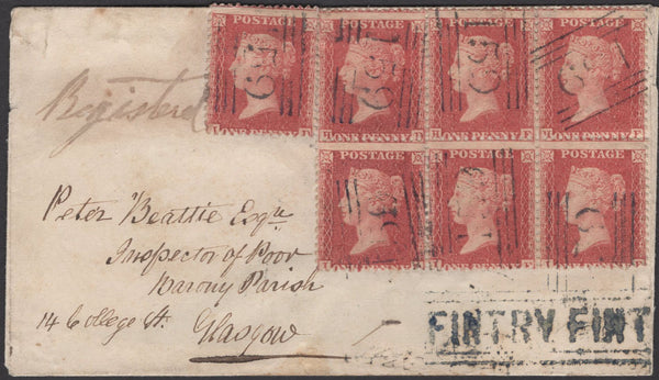 138393 1859 REGISTERED MAIL FINTRY, CO. STIRLING TO GLASGOW WITH 1D (SG40) X 7 AND BELOW 'FINTRY FINTRY' SCOTS LOCAL HAND STAMP IN DARK BLUE.