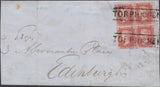 138395 1859 LARGE PART WRAPPER TORPHICHEN, LINLITHGOW TO EDINBURGH 1D (SG40) BLOCK OF FOUR 'TORPICHEN' SCOTS LOCAL CANCELLATION.