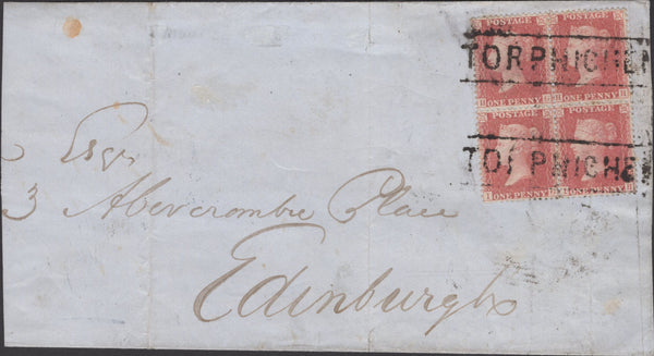 138395 1859 LARGE PART WRAPPER TORPHICHEN, LINLITHGOW TO EDINBURGH 1D (SG40) BLOCK OF FOUR 'TORPICHEN' SCOTS LOCAL CANCELLATION.