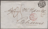 138400 1841 UNPAID MAIL LONDON TO RHEIMS WITH FINE STRIKE BLACK MALTESE CROSS WHERE STAMP SHOULD HAVE BEEN.