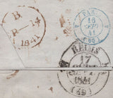138400 1841 UNPAID MAIL LONDON TO RHEIMS WITH FINE STRIKE BLACK MALTESE CROSS WHERE STAMP SHOULD HAVE BEEN.