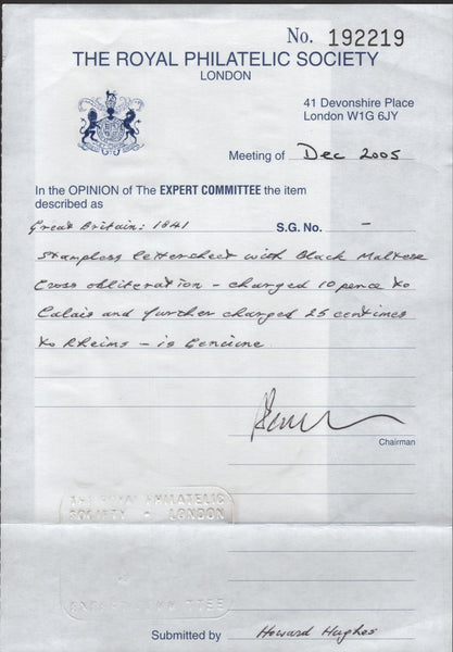 138400 1841 UNPAID MAIL LONDON TO RHEIMS WITH FINE STRIKE BLACK MALTESE CROSS WHERE STAMP SHOULD HAVE BEEN.
