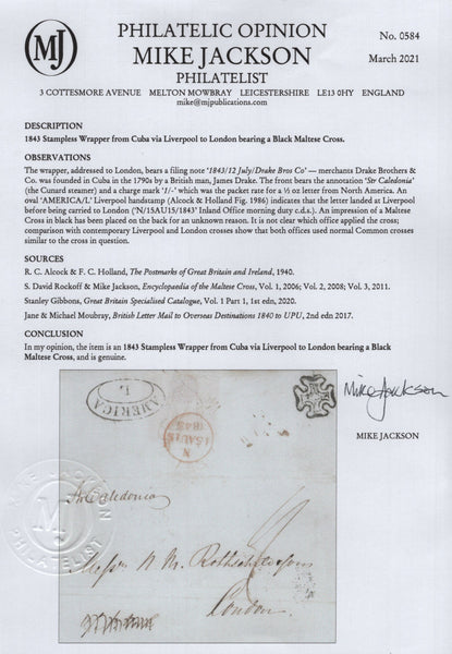 138401 1843 MAIL CUBA (DRAKE BROS) TO LONDON VIA LIVERPOOL WITH LIVERPOOL MALTESE CROSS ON REVERSE.