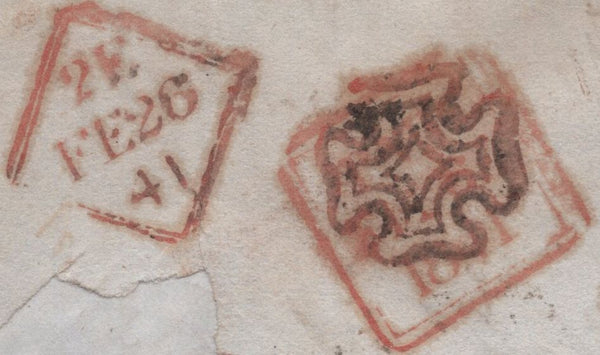 138402 1841 UNPAID MAIL DUBLIN TO SLIGO WITH DUBLIN MALTESE CROSS USED TO OBLITERATE DUBLIN 'PAID' DATE STAMP APPLIED IN ERROR.