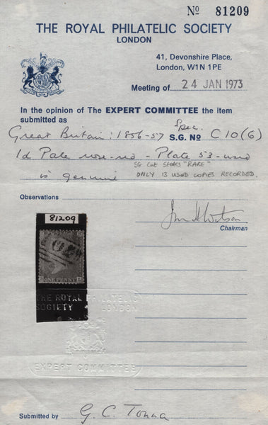 138415 1857 1D PALE ROSE PLATE 53 SAVOY STREET PRINTING (SPEC C9A(1)(BL).