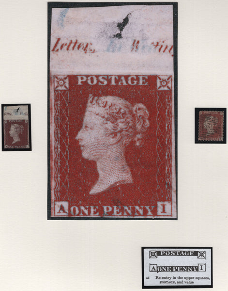 138418 1854 DIE 1 1D PLATE 192 SUPERB MATCHED PAIR 'AI' TOP MARGINAL IMPRIMATUR AND 1D PERF (SG17) BOTH SHOWING RE-ENTRY (C1e).