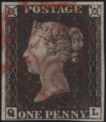 138419 1840 1D BLACK MATCHED PAIR PLATE 1A AND PLATE 1B LETTERED QL (SG2) PLATE 1B SHOWING 'NON-COINCIDENT RE-ENTRY' (SPEC AS5b).