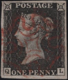 138419 1840 1D BLACK MATCHED PAIR PLATE 1A AND PLATE 1B LETTERED QL (SG2) PLATE 1B SHOWING 'NON-COINCIDENT RE-ENTRY' (SPEC AS5b).