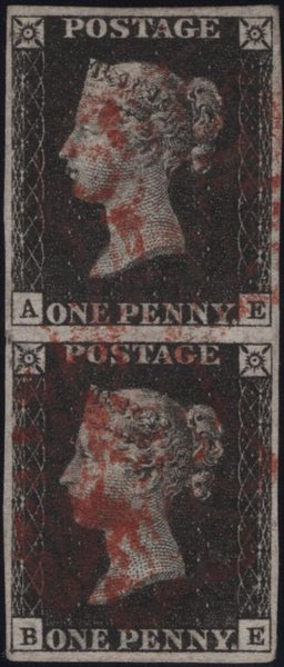 138440 1840 1D PL.4 (SG2) VERTICAL PAIR LETTERED AE BE, FINE TO VERY FINE USED.