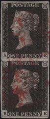 138440 1840 1D PL.4 (SG2) VERTICAL PAIR LETTERED AE BE, FINE TO VERY FINE USED.
