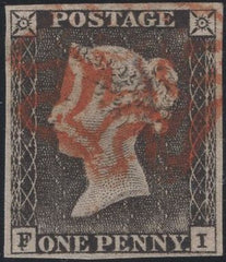 138487 1840 1D GREY-BLACK PL.1A (SG3)(FI CONSTANT VARIETY 'DOUBLE F' SPEC AS3d) FINE TO VERY FINE USED.