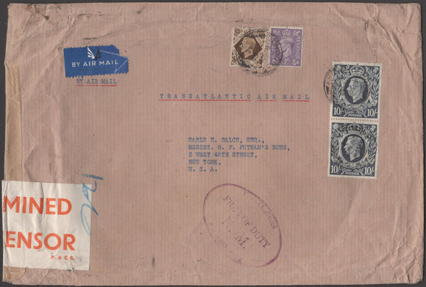 138538 1942 AIR MAIL LONDON TO NEW YORK WITH KGVI 10S DARK BLUE (SG478) X 2.