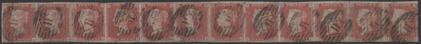 138541 1849 1D PL.94 (SG8) COMPLETE STRIP OF TWELVE FROM THE 'I' ROW, GOOD TO FINE USED.