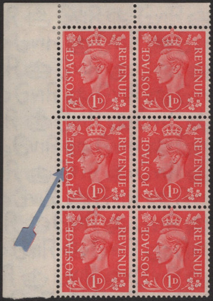 138547 1941 1D PALE SCARLET (SG486) UPPER LEFT CORNER BLOCK OF SIX, THREE AFFECTED DR. BLADE FLAW.