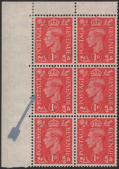 138547 1941 1D PALE SCARLET (SG486) UPPER LEFT CORNER BLOCK OF SIX, THREE AFFECTED DR. BLADE FLAW.
