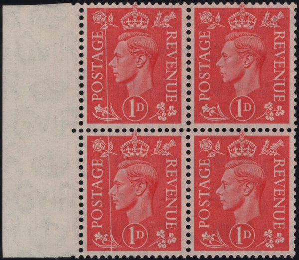 138549 1941 1D PALE SCARLET (SG486) BLOCK OF FOUR, TWO AFFECTED BY DR. BLADE FLAW.