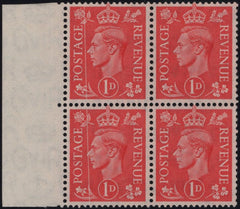 138549 1941 1D PALE SCARLET (SG486) BLOCK OF FOUR, TWO AFFECTED BY DR. BLADE FLAW.