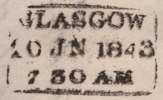 138561 1843 MAIL GREENOCK TO GLASGOW WITH 1D PL.26 (SG8) DISTINCTIVE MALTESE CROSS OF GREENOCK (B1tm).