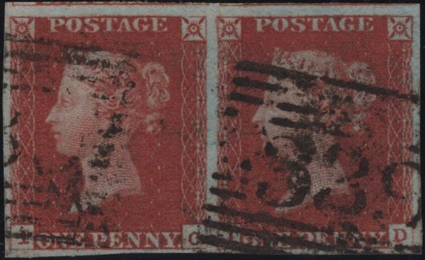 138597 1846 1D PL.65 (SG8) HORIZONTAL PAIR LETTERED IC ID, GOOD USED.