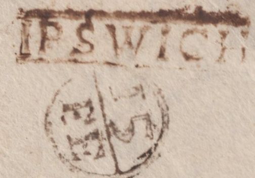 138615 1720 MAIL IPSWICH TO LONDON WITH 'IPSWICH' STRAIGHT LINE HAND STAMP WITH LINES ABOVE AND BELOW (SK179b/SFK320).