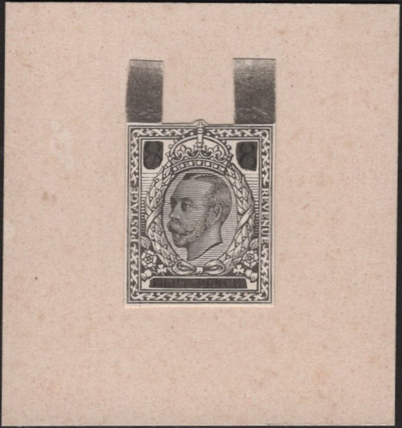 138674 1911 HARRISON DIE PROOF UNISSUED 8D VALUE USING DOWNEY HEAD WITH EVE'S WREATH BACKGROUND IN BLACK ON CARD, UNLISTED BY SG.
