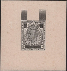 138674 1911 HARRISON DIE PROOF UNISSUED 8D VALUE USING DOWNEY HEAD WITH EVE'S WREATH BACKGROUND IN BLACK ON CARD, UNLISTED BY SG.
