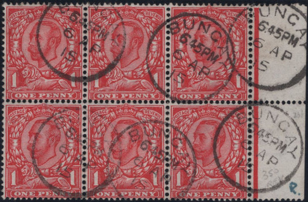 138685 1912 1D DOWNEY WMK MULTIPLE CYPHER REVERSED (SG350Wj) SUPERB USED BLOCK OF SIX.