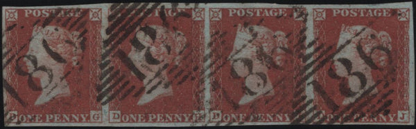 138686 1849 1D PL.98 (SG8) FINE USED STRIP OF FOUR.