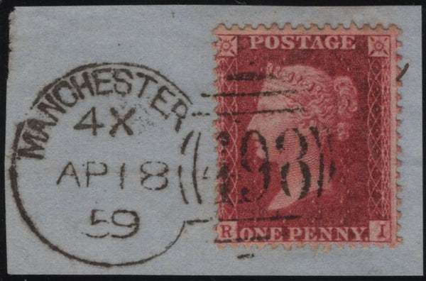 138694 1859 PIECE WITH DIE2 1D PL.49 (SG40) 'MANCHESTER/498' SPOON TYPE D4a FIRST RECUT (RA87).