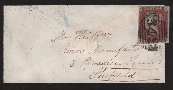 138703 1849 MOURNING ENVELOPE HASTINGS TO SHEFFIELD, 1D PL.80(SG8)(TG).