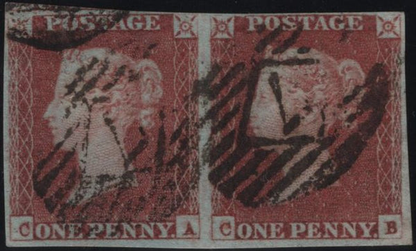 138709 1848 1D PL.80(SG8) HORIZONTAL PAIR LETTERED CA CB, GOOD USED.
