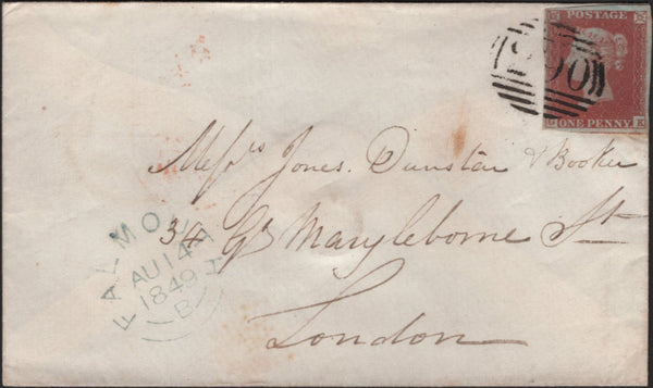 138722 1849 MAIL FALMOUTH TO LONDON WITH 1D PL.87 (SG8)(GK) FINE USED.