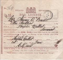138734 1895 'INLAND REVENUE/DOG LICENCE' WITH 'SHEPTON.MALLET/M.O AND S.B.' DATE STAMP.