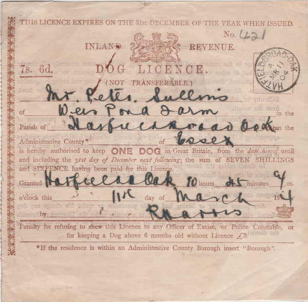 138735 1904 'INLAND REVENUE/DOG LICENCE' WITH 'HATFIELD BROAD.OAK' DATE STAMP.
