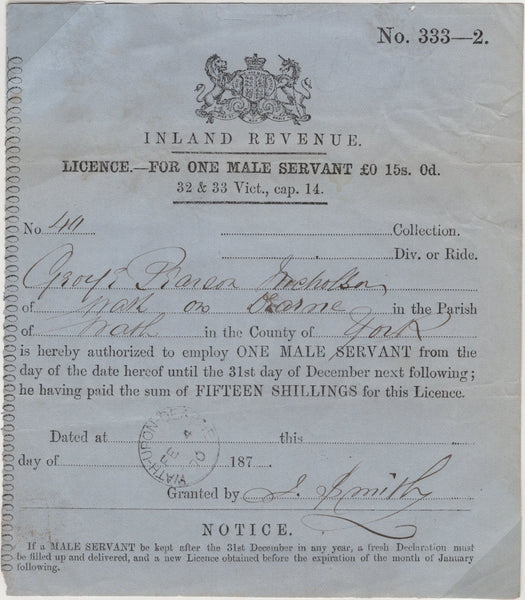138736 1870 'INLAND REVENUE/LICENCE FOR ONE MALE SERVANT £0 15s. 0d.'.