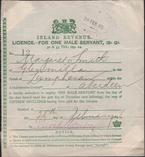138738 1896 'INLAND REVENUE/LICENCE FOR ONE MALE SERVANT 15s. 0d.'.