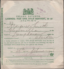 138738 1896 'INLAND REVENUE/LICENCE FOR ONE MALE SERVANT 15s. 0d.'.