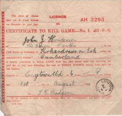138740 1911 'LICENCE OR/CERTIFICATE TO KILL GAME No. 1. £3:0:0.' WITH 'LONGTOWN/CUMBD' DATE STAMP.