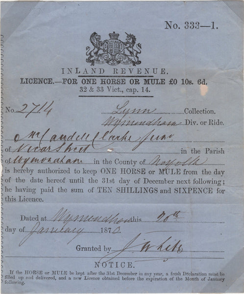 138742 1870 'INLAND REVENUE/LICENCE FOR ONE HORSE OR MULE £0 10s. 6d.' IN NORFOLK.
