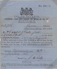 138742 1870 'INLAND REVENUE/LICENCE FOR ONE HORSE OR MULE £0 10s. 6d.' IN NORFOLK.