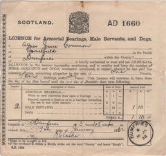 138744 1932 'SCOTLAND/LICENCE for Armorial Bearings, Male Servants, and Dogs' WITH 'DUMFRIES' DATE STAMP.
