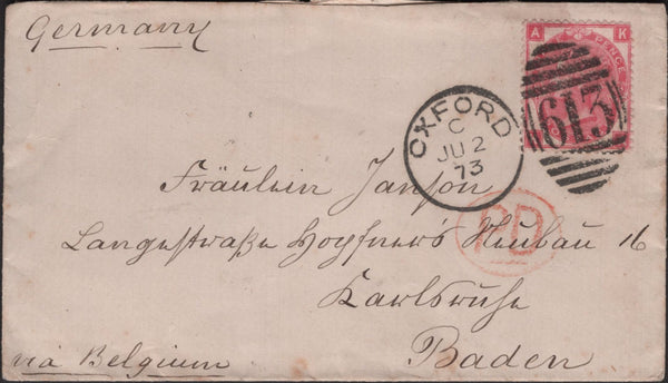 138753 1873 MAIL OXFORD TO BADEN WITH 3D (SG103) CANCELLED OXFORD '613' ERROR OF CANCELLATION.