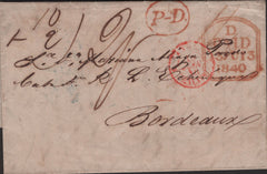 138758 1840 MAIL LONDON TO BORDEAUX WITH VARIOUS CHARGE MARKS AND HAND STAMPS.