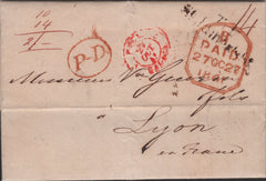138760 1841 MAIL LONDON TO LYON, FRANCE, POST PAID AND 'T.P/St. Jame's St' HAND STAMP (L505/STJA19).